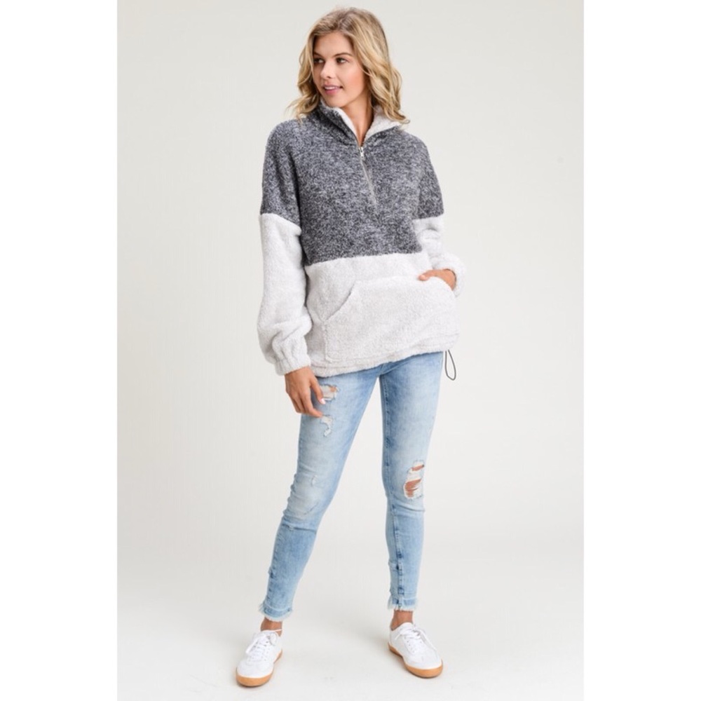 Two Tone Fuzzy Pull Over Sweater - Charcoal/Grey - Picture 6 of 6